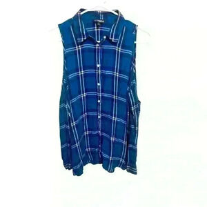 Express Women’s Open/Cold Shoulder Blouse Top Medium Blue Plaid Long Sleeve